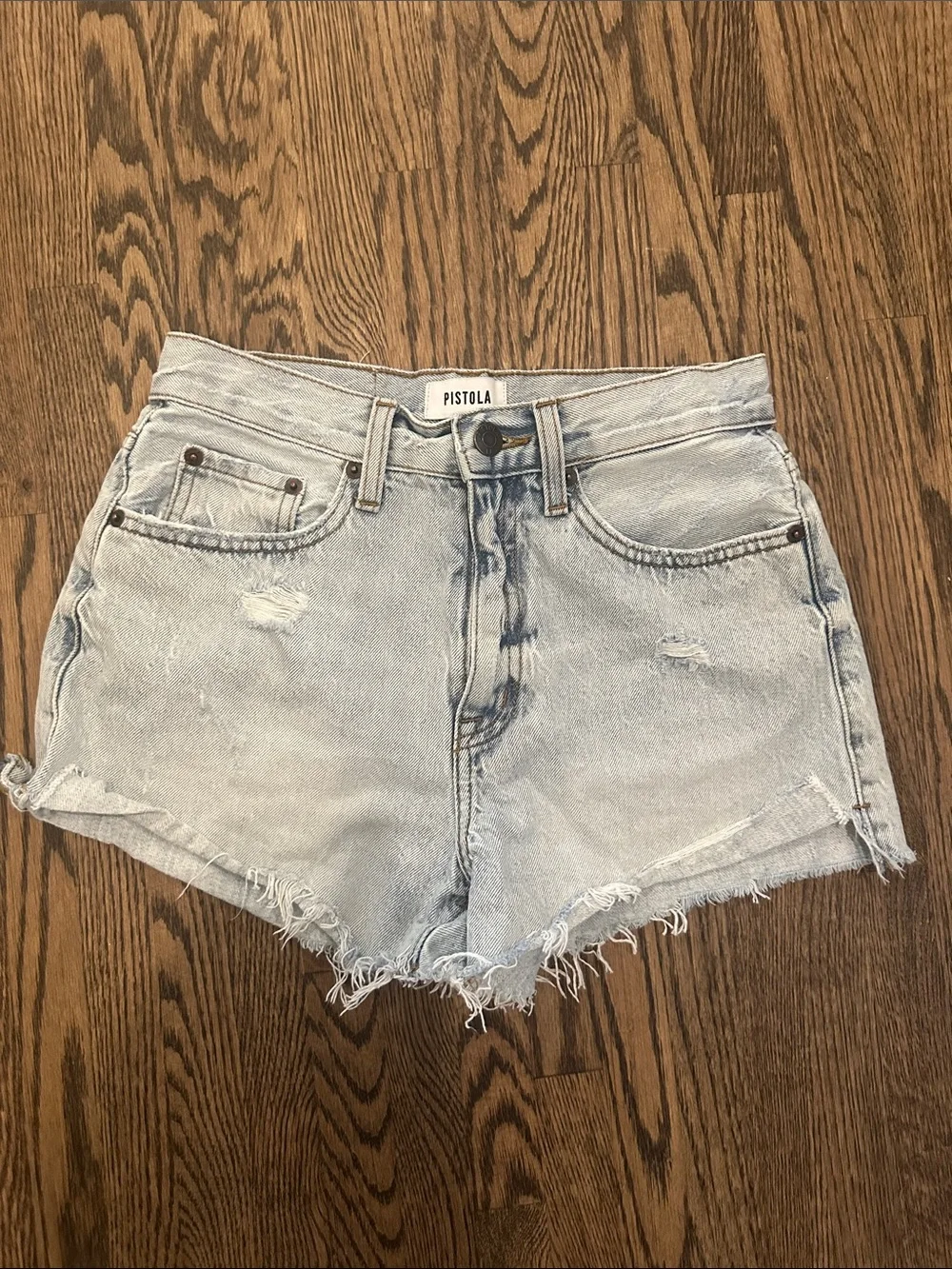 Pistola zip fly distressed denim shorts